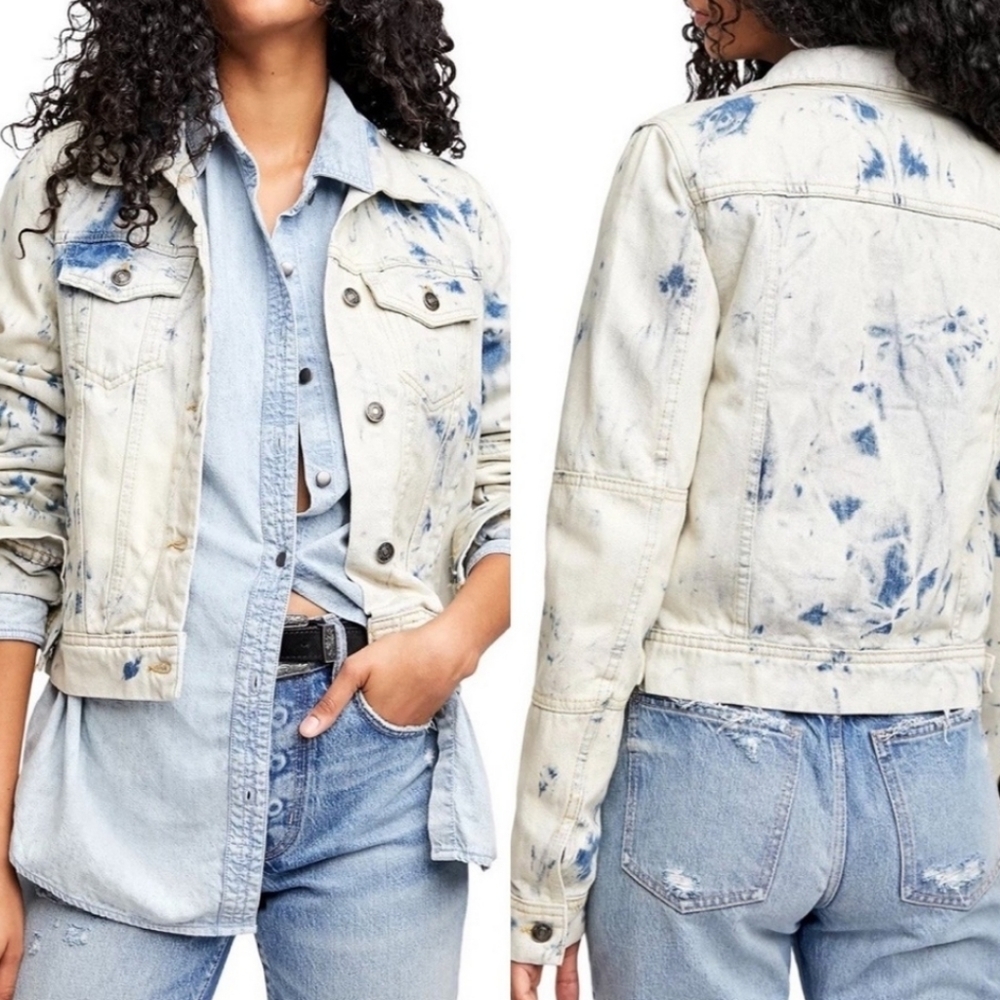 NWT Free People Rumors Denim Jacket in Jones Tie Dye Blue Small Jean 100% Cotton